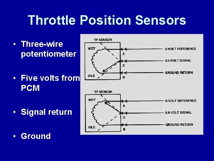 Throttle Position Sensors • Three-wire potentiometer • Five volts from PCM • Signal return