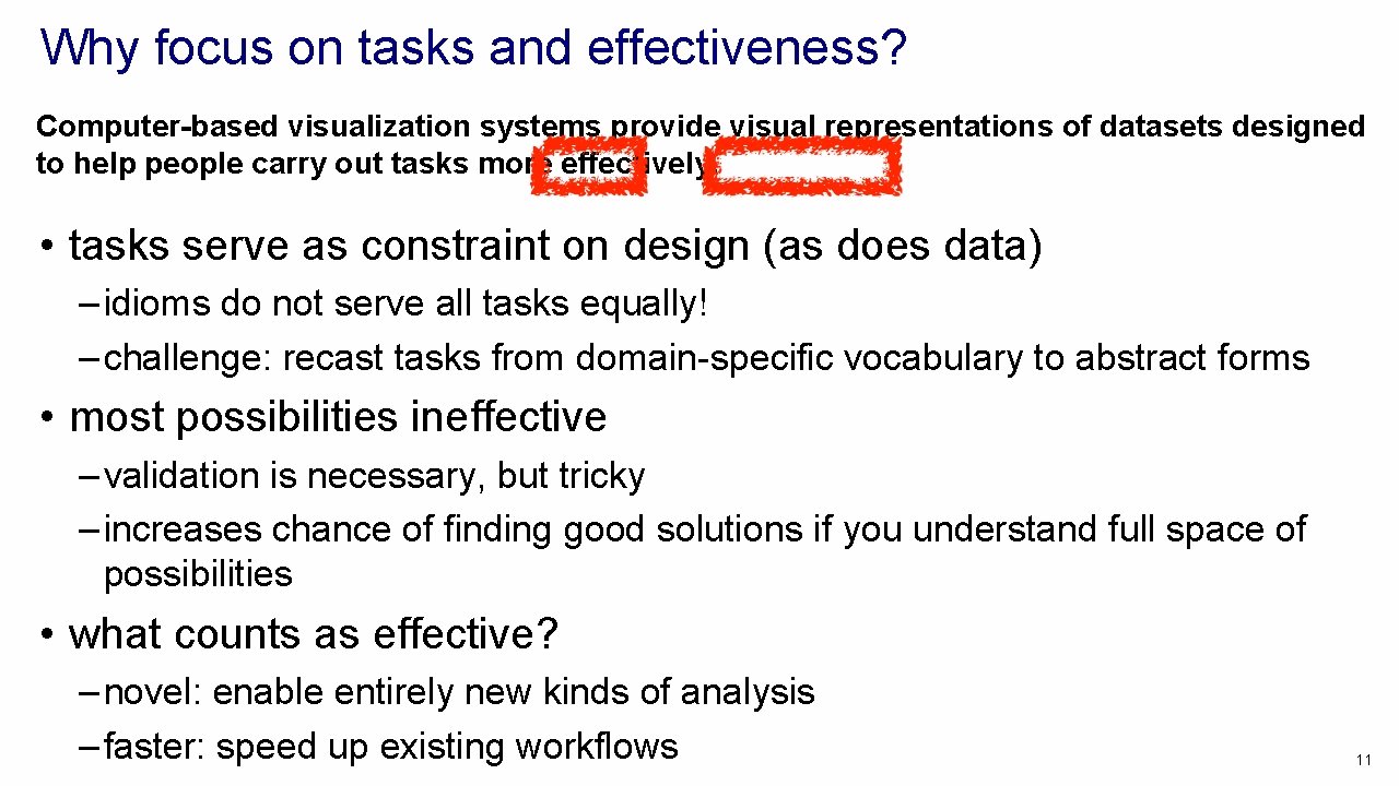 Why focus on tasks and effectiveness? Computer-based visualization systems provide visual representations of datasets