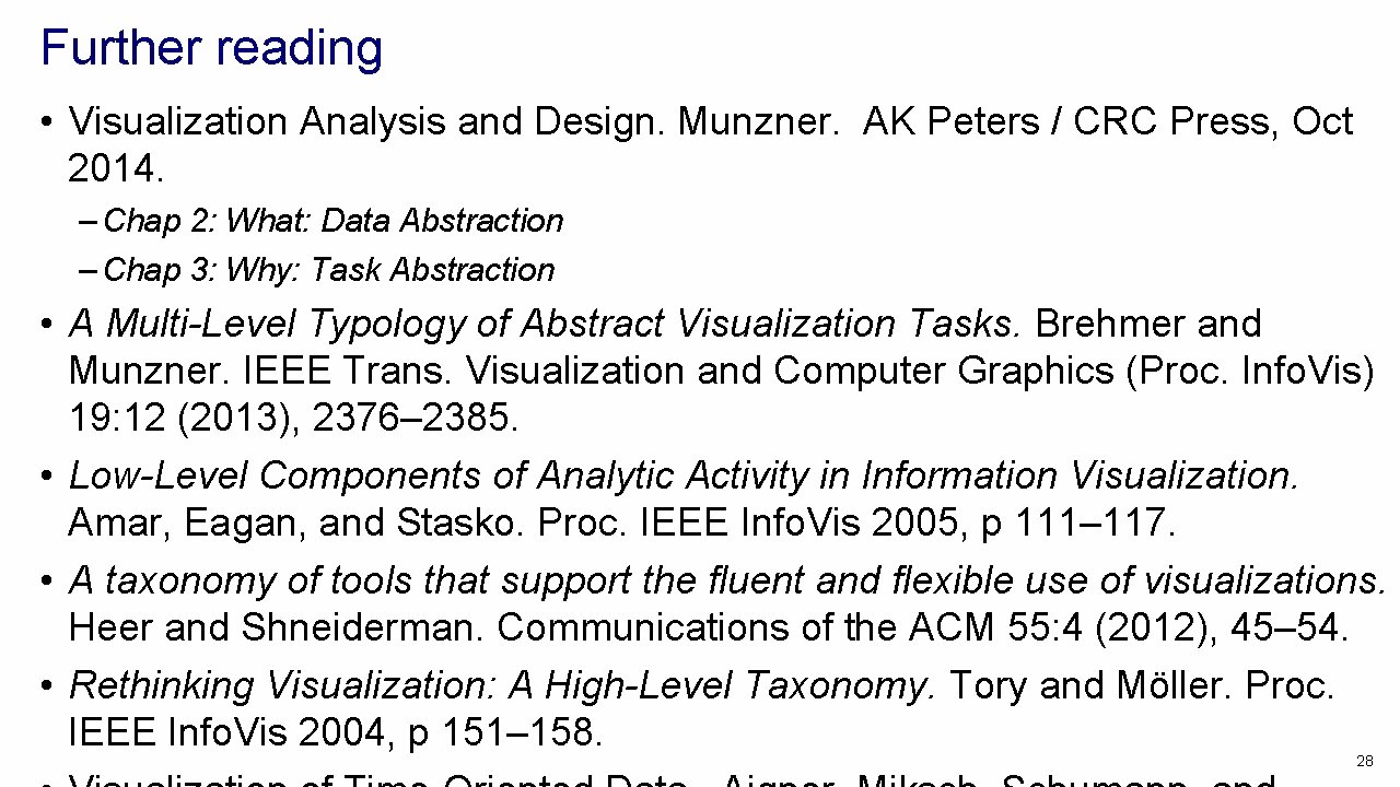 Further reading • Visualization Analysis and Design. Munzner. AK Peters / CRC Press, Oct