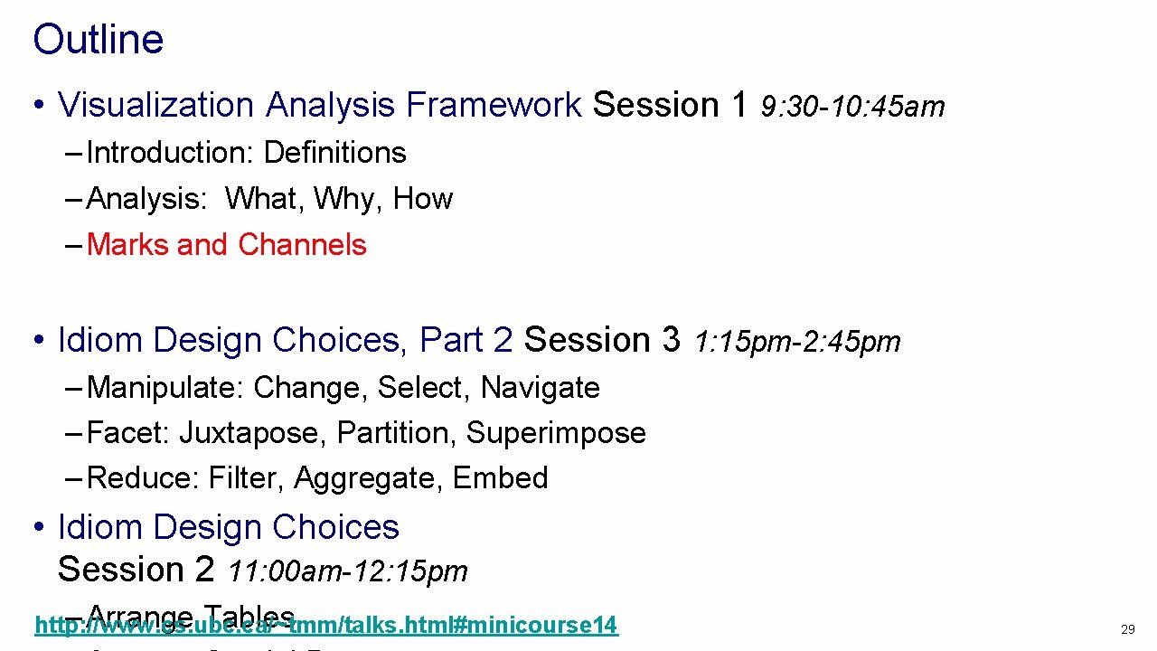 Outline • Visualization Analysis Framework Session 1 9: 30 -10: 45 am – Introduction: