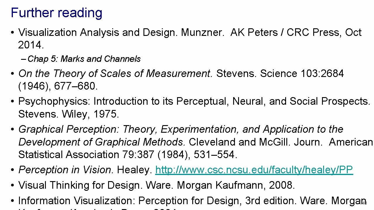 Further reading • Visualization Analysis and Design. Munzner. AK Peters / CRC Press, Oct