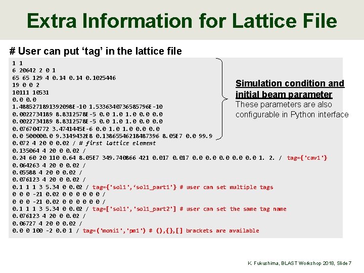 Extra Information for Lattice File # User can put ‘tag’ in the lattice file