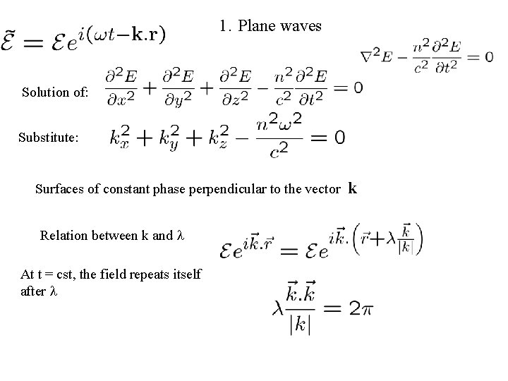 1. Plane waves Solution of: Substitute: Surfaces of constant phase perpendicular to the vector