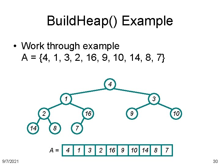 Build. Heap() Example • Work through example A = {4, 1, 3, 2, 16,