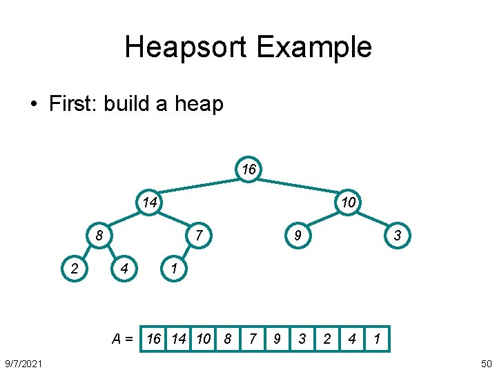Heapsort Example • First: build a heap 16 14 10 8 2 7 4