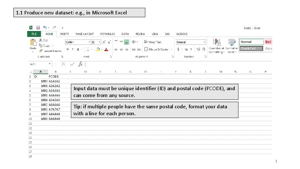 1. 1 Produce new dataset: e. g. , in Microsoft Excel Input data must