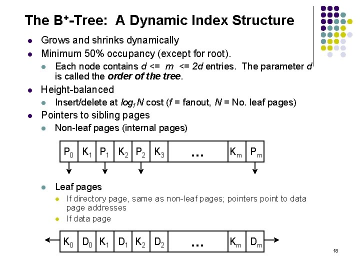 The B+-Tree: A Dynamic Index Structure l l Grows and shrinks dynamically Minimum 50%