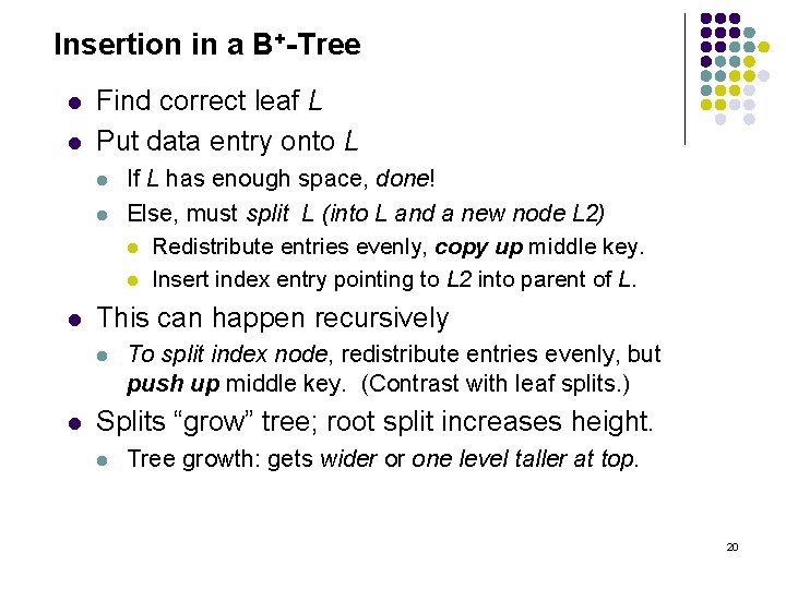 Insertion in a B+-Tree l l Find correct leaf L Put data entry onto