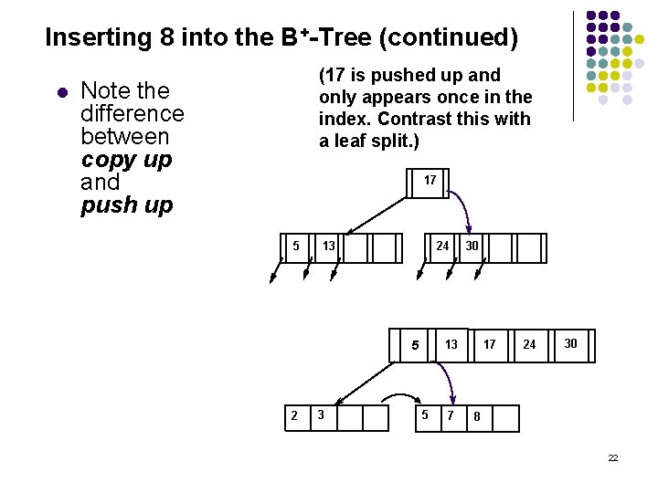 Inserting 8 into the B+-Tree (continued) l (17 is pushed up and only appears