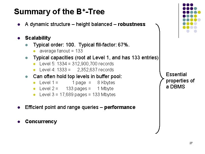 Summary of the B+-Tree l A dynamic structure – height balanced – robustness l