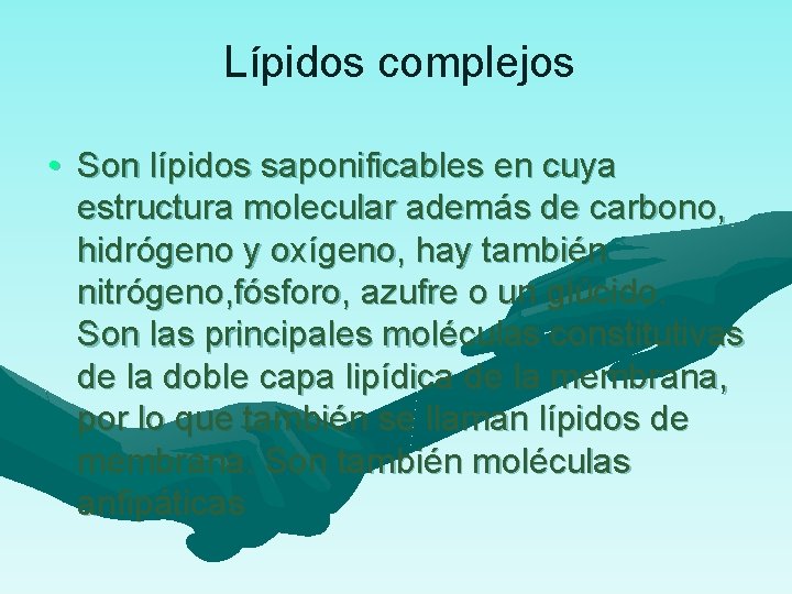 Lípidos complejos • Son lípidos saponificables en cuya estructura molecular además de carbono, hidrógeno