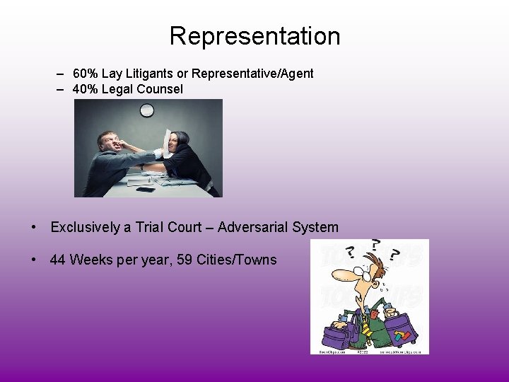 Representation – 60% Lay Litigants or Representative/Agent – 40% Legal Counsel • Exclusively a