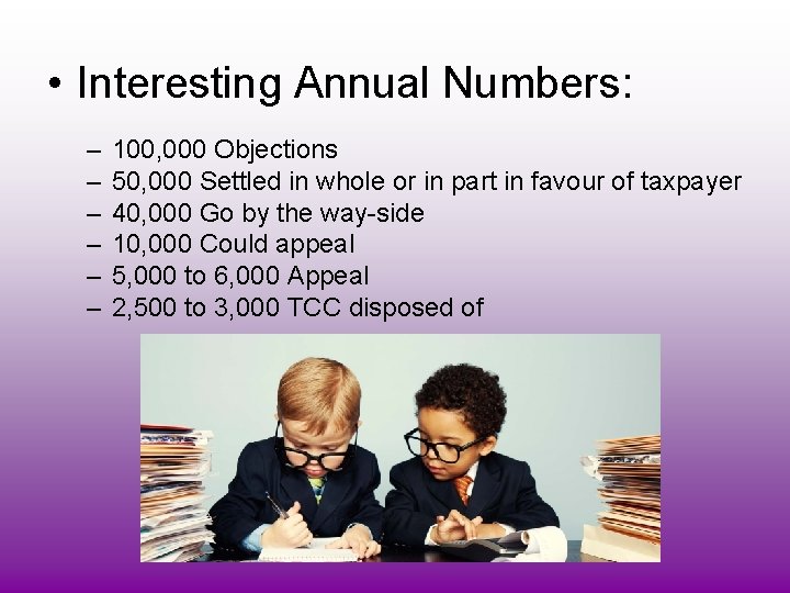  • Interesting Annual Numbers: – – – 100, 000 Objections 50, 000 Settled