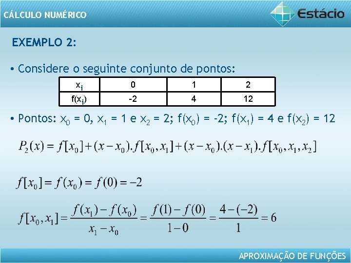 CÁLCULO NUMÉRICO EXEMPLO 2: • Considere o seguinte conjunto de pontos: xi 0 1