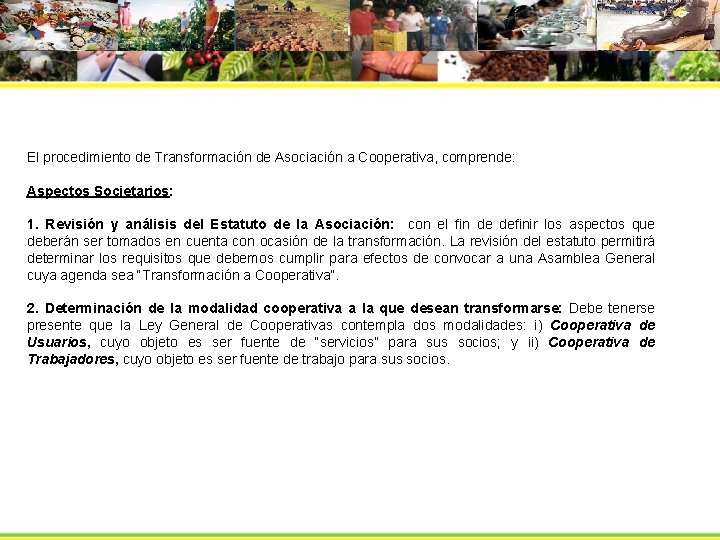 El procedimiento de Transformación de Asociación a Cooperativa, comprende: Aspectos Societarios: 1. Revisión y