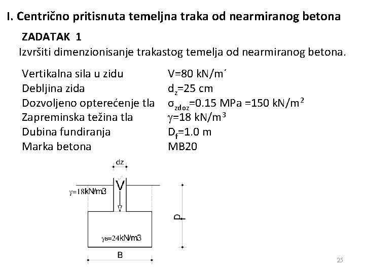 I. Centrično pritisnuta temeljna traka od nearmiranog betona ZADATAK 1 Izvršiti dimenzionisanje trakastog temelja