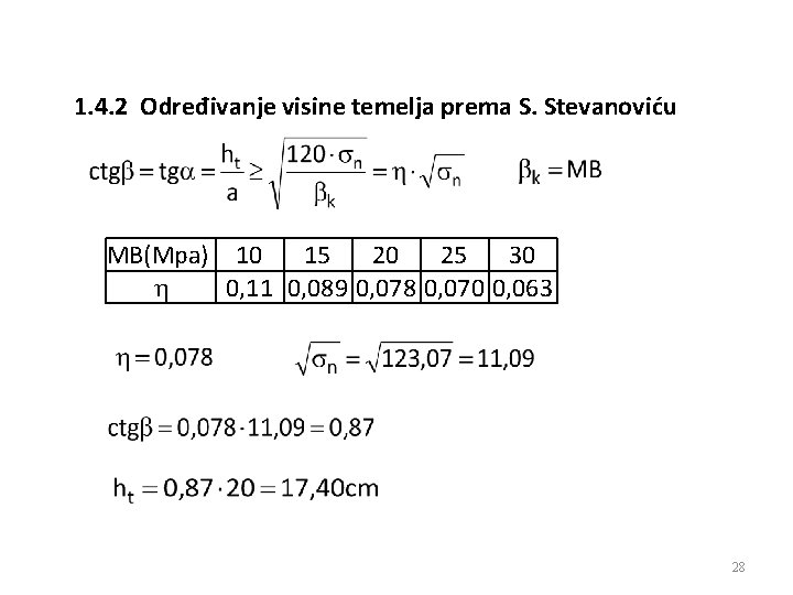 1. 4. 2 Određivanje visine temelja prema S. Stevanoviću MB(Mpa) 10 15 20 25