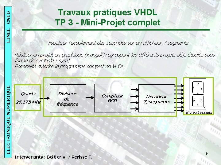 LINEL CNED 2007 -08 LINEL CNED ELECTRONIQUENUMERIQUE Travaux pratiques VHDL TP 3 - Mini-Projet