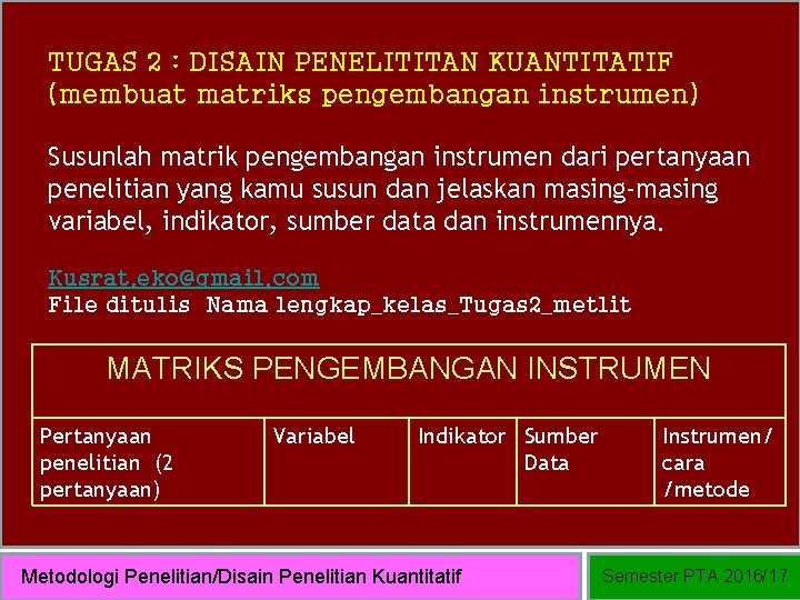 TUGAS 2 : DISAIN PENELITITAN KUANTITATIF (membuat matriks pengembangan instrumen) Susunlah matrik pengembangan instrumen