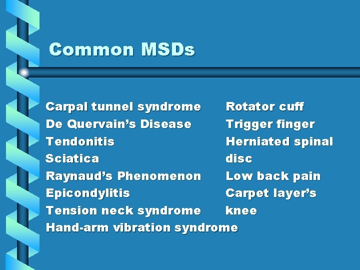 Common MSDs Carpal tunnel syndrome Rotator cuff De Quervain’s Disease Trigger finger Tendonitis Herniated