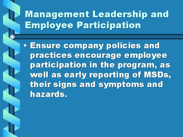 Management Leadership and Employee Participation • Ensure company policies and practices encourage employee participation