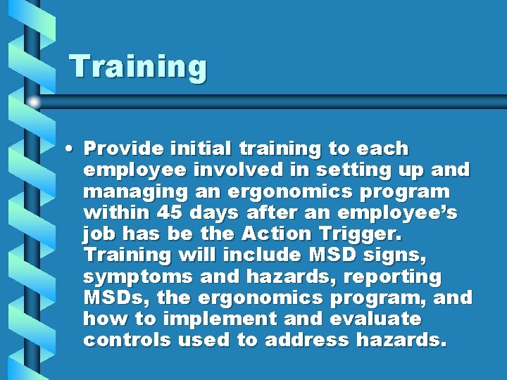 Training • Provide initial training to each employee involved in setting up and managing