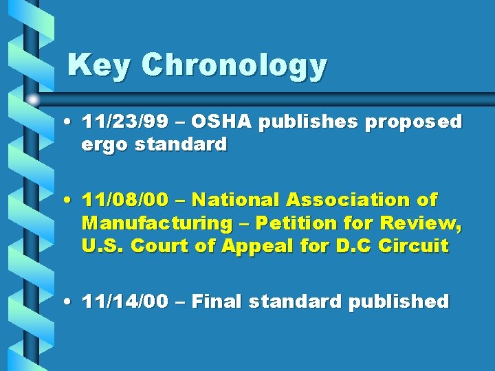 Key Chronology • 11/23/99 – OSHA publishes proposed ergo standard • 11/08/00 – National