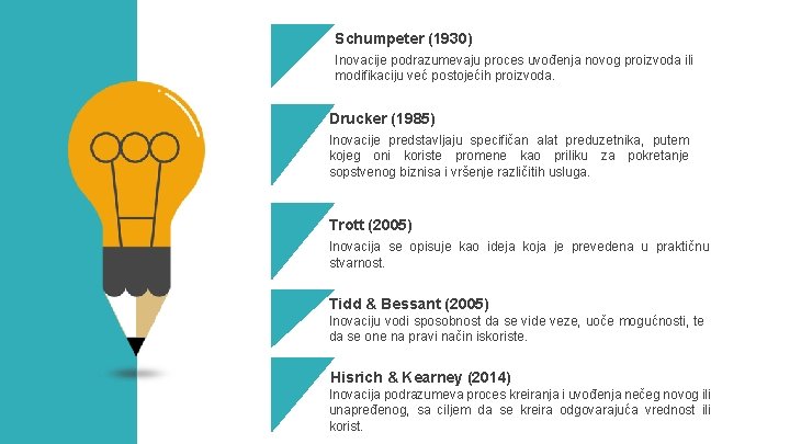 Schumpeter (1930) Inovacije podrazumevaju proces uvođenja novog proizvoda ili modifikaciju već postojećih proizvoda. Drucker