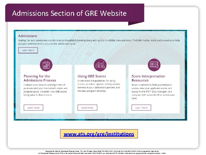 Admissions Section of GRE Website www. ets. org/gre/institutions Copyright © 2019 by Educational Testing