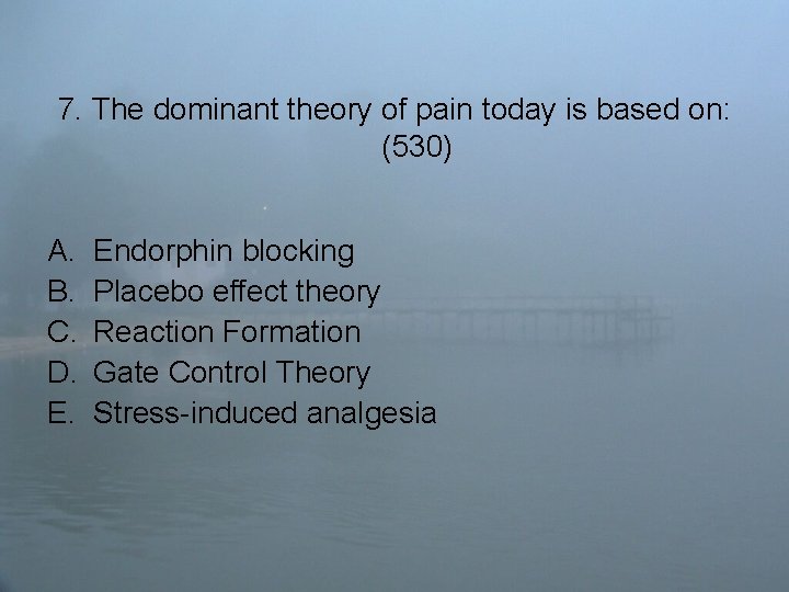 7. The dominant theory of pain today is based on: (530) A. B. C.