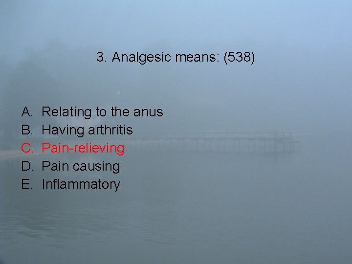 3. Analgesic means: (538) A. B. C. D. E. Relating to the anus Having