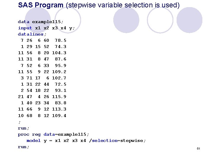 SAS Program (stepwise variable selection is used) data example 115; input x 1 x