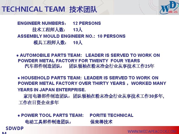 TECHNICAL TEAM 技术团队 ENGINEER NUMBERS： 12 PERSONS 技术 程师人数： 13人 ASSEMBLY MOULD ENGINEER NO.