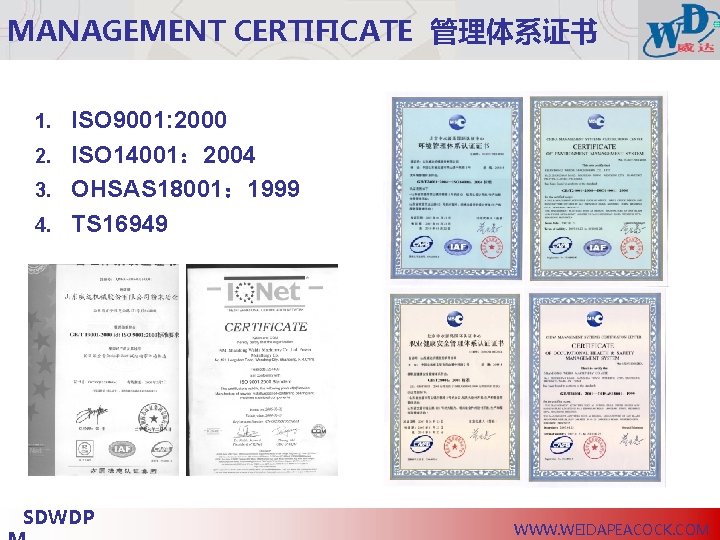 MANAGEMENT CERTIFICATE 管理体系证书 ISO 9001: 2000 2. ISO 14001： 2004 3. OHSAS 18001： 1999