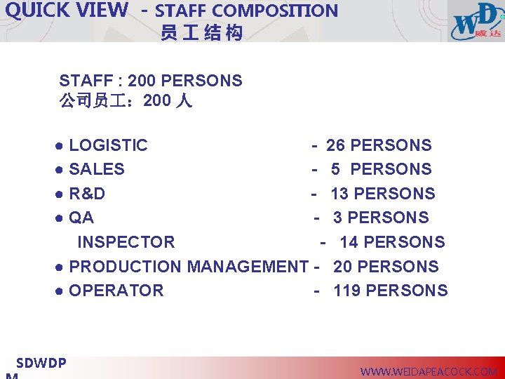 QUICK VIEW - STAFF COMPOSITION 员 结构 STAFF : 200 PERSONS 公司员 ： 200