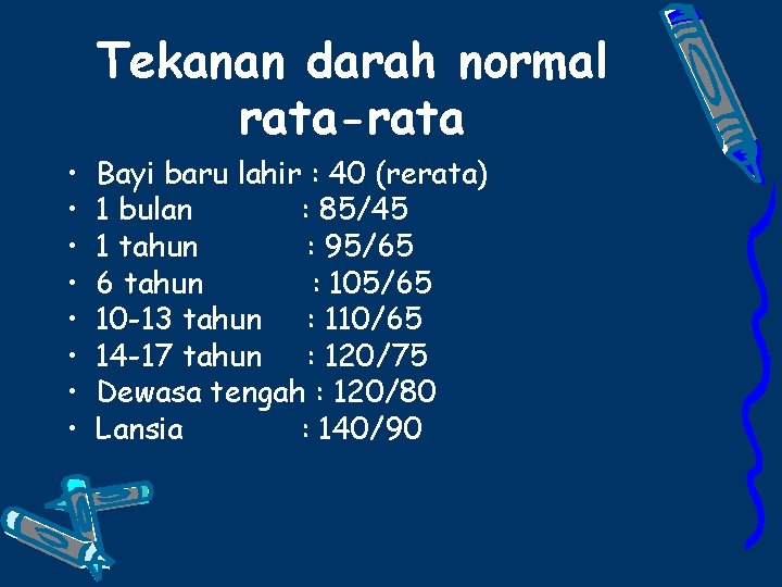 Tekanan darah normal rata-rata • • Bayi baru lahir : 40 (rerata) 1 bulan