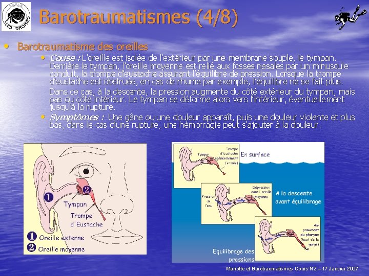 Barotraumatismes (4/8) • Barotraumatisme des oreilles • Cause : L’oreille est isolée de l’extérieur