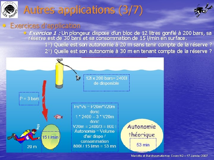 Autres applications (3/7) • Exercices d’application • Exercice 1 : Un plongeur dispose d’un