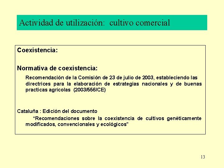 Actividad de utilización: cultivo comercial Coexistencia: Normativa de coexistencia: Recomendación de la Comisión de