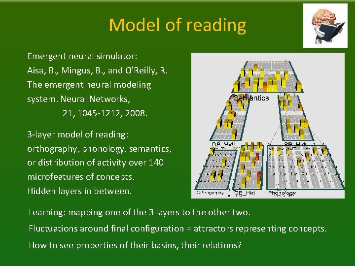 Model of reading Emergent neural simulator: Aisa, B. , Mingus, B. , and O'Reilly,