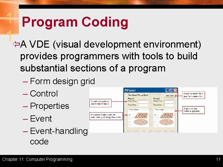 1 Program Coding 1ïA VDE (visual development environment) provides programmers with tools to build