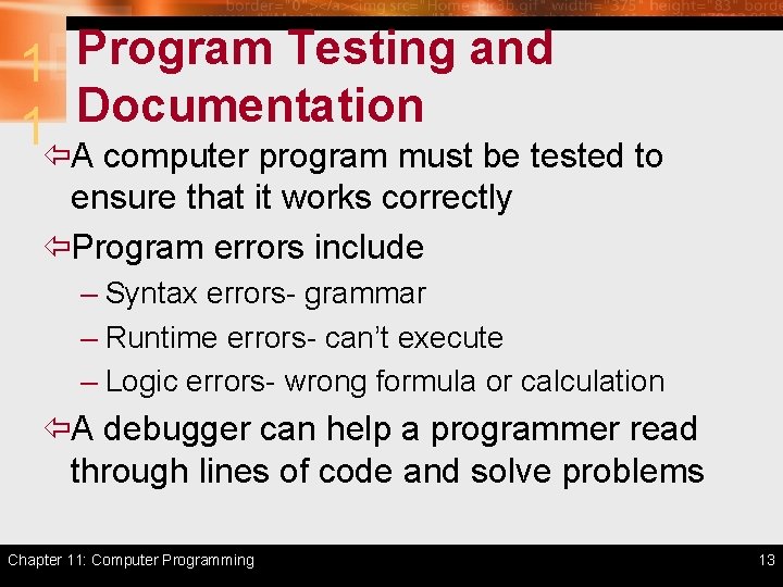 Program Testing and 1 Documentation 1 ïA computer program must be tested to ensure