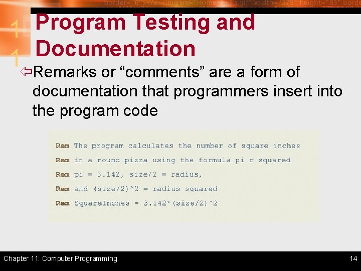 Program Testing and 1 Documentation 1 ïRemarks or “comments” are a form of documentation