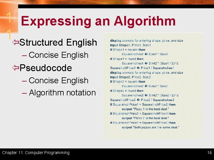 1 Expressing an Algorithm 1ïStructured English – Concise English ïPseudocode – Concise English –