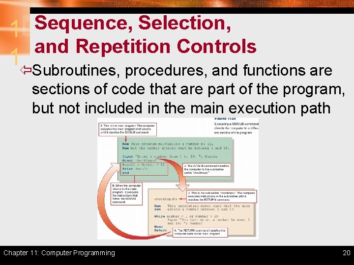 1 Sequence, Selection, and Repetition Controls 1ïSubroutines, procedures, and functions are sections of code