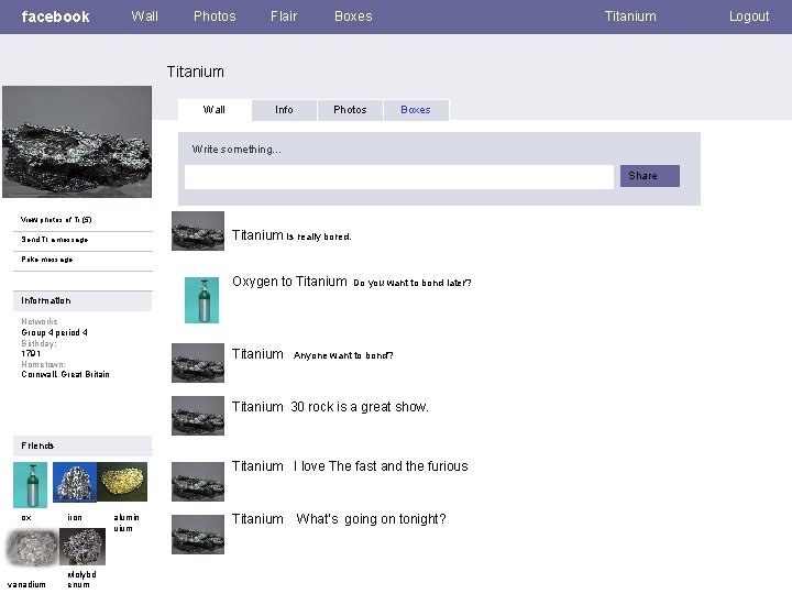 facebook Wall Photos Flair Boxes Info Photos Titanium Wall Boxes Write something… Share View