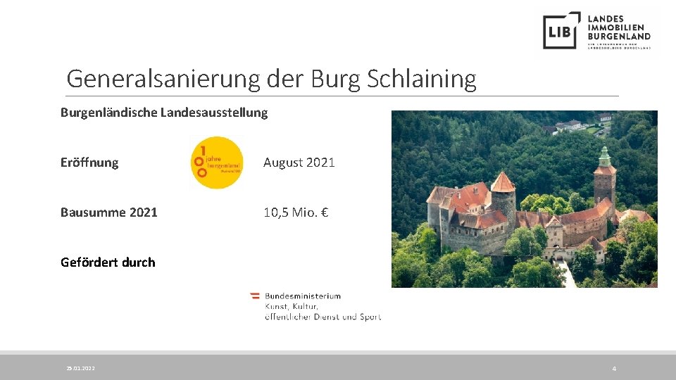 Generalsanierung der Burg Schlaining Burgenländische Landesausstellung Eröffnung August 2021 Bausumme 2021 10, 5 Mio.