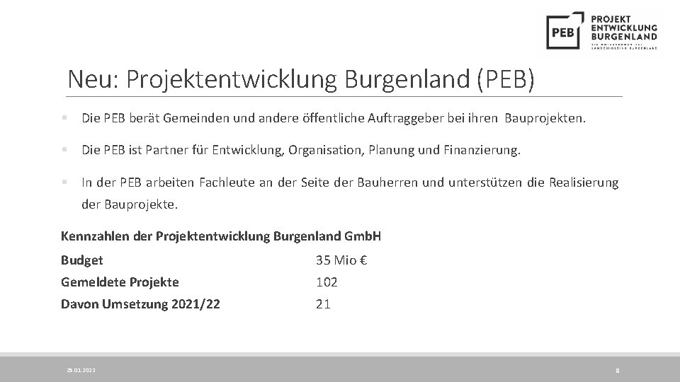 Neu: Projektentwicklung Burgenland (PEB) § Die PEB berät Gemeinden und andere öffentliche Auftraggeber bei