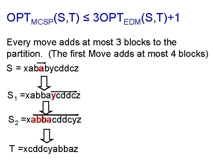 OPTMCSP(S, T) ≤ 3 OPTEDM(S, T)+1 Every move adds at most 3 blocks to