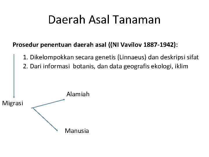 Daerah Asal Tanaman Prosedur penentuan daerah asal ((NI Vavilov 1887 -1942): 1. Dikelompokkan secara